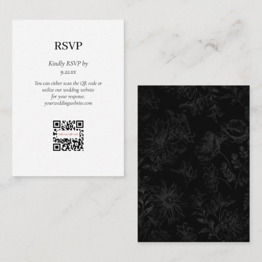 Eenvoudige Elegant Black Floral RSVP QR Code Optio Informatiekaartje (Voorkant / Achterkant)