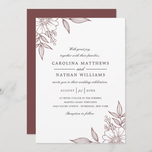 Eenvoudige Elegant Floral Corners Wedding Red Kaart (Voorkant / Achterkant)