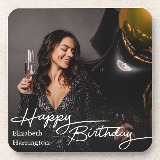 Eenvoudige Elegant Happy Birthday Foto Bier Onderzetter (Voorkant)