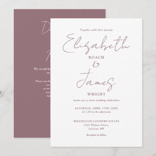 Eenvoudige Elegant Mauve Script QR Code Wedding Kaart (Voorkant / Achterkant)