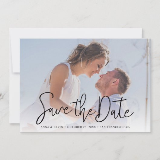 Eenvoudige Elegant Modern Black Script Photo Wedde Save The Date (Voorkant)