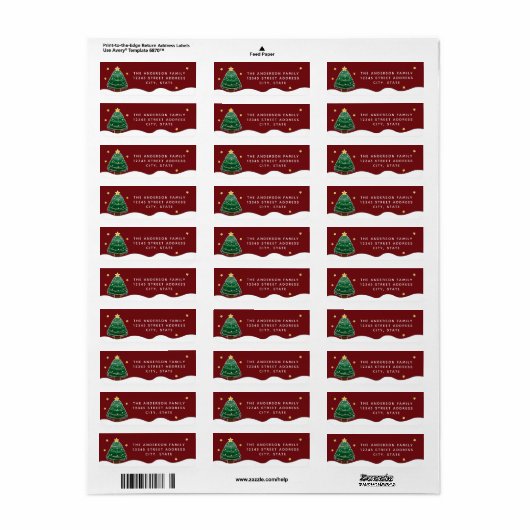 Eenvoudige Elegant Starry Snowy-kerstboom op rood Etiket (Full Sheet)