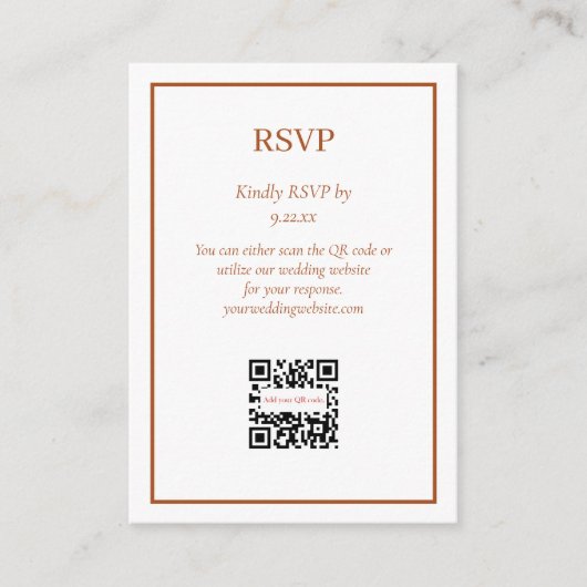 Eenvoudige Elegant Terra Cotta RSVP QR Code Option Informatiekaartje (Voorkant)
