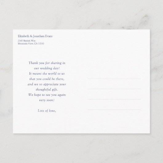 Eenvoudige Elegante Blauwe Trouwfoto Dank Je Wel Briefkaart (Achterkant)