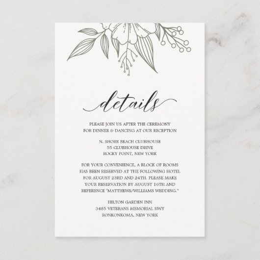 Eenvoudige Elegante Bloemen Bruiloft Sage Enclosur Informatiekaartje (Voorkant)