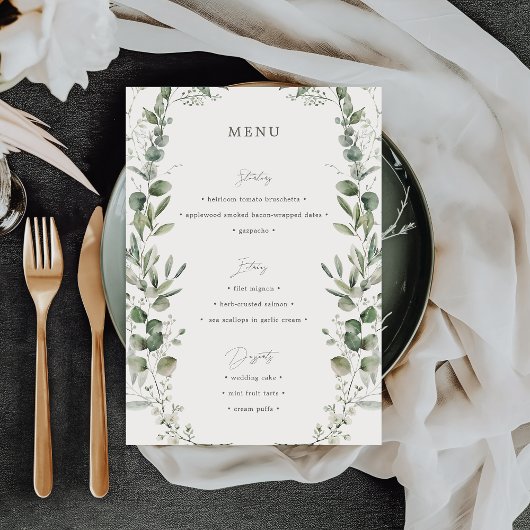 Eenvoudige elegante botanische bruiloft menu