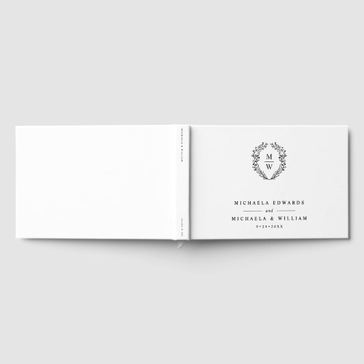 Eenvoudige Elegante Botanische Krans Monogram Huwe Gastenboek (Volledig)