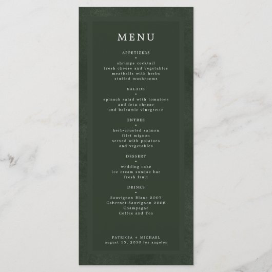 Eenvoudige elegante donkergroene bruiloft menu (Voorkant)