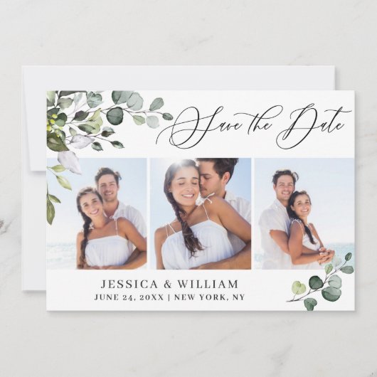 Eenvoudige Elegante Eucalyptus 3 Foto Huwelijk Save The Date (Voorkant)