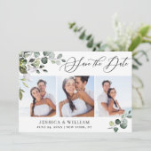 Eenvoudige Elegante Eucalyptus 3 Foto Huwelijk Save The Date (Staand voorkant)
