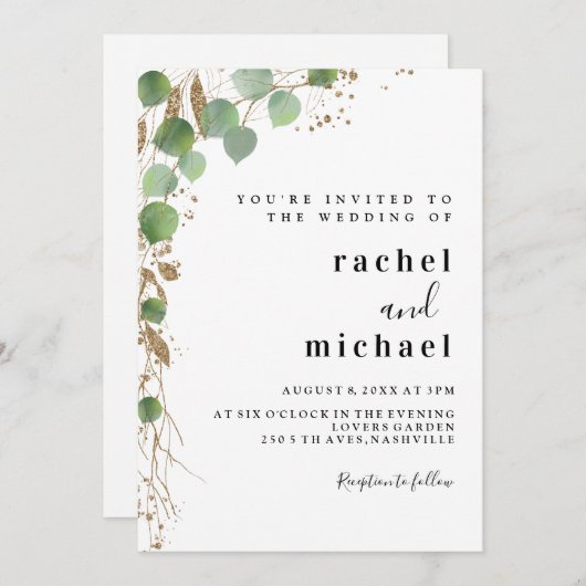 Eenvoudige elegante eucalyptus glitter-uitnodiging kaart (Voorkant / Achterkant)