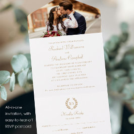 Eenvoudige Elegante Foto Monogram Goud Wit Huwelij All In One Uitnodiging