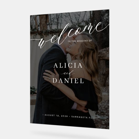 Eenvoudige elegante foto overlay bruiloft welkom t acryl bord (Hoek)