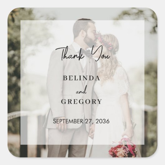 Eenvoudige elegante foto overlay script bruiloft vierkante sticker (Voorkant)