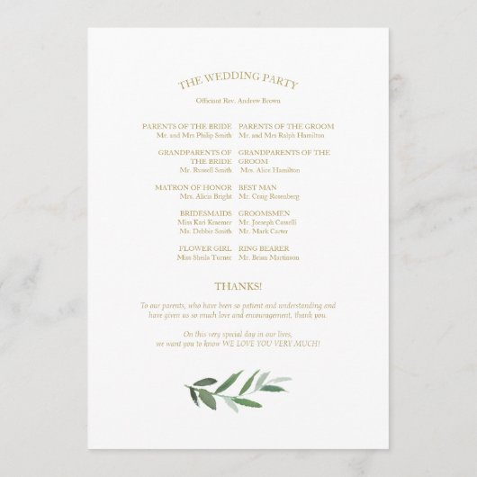 Eenvoudige Elegante Gouden Folie Groene Huwelijksp Programma (Achterkant)