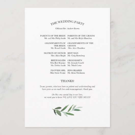 Eenvoudige elegante groen bruiloft programma's (Achterkant)