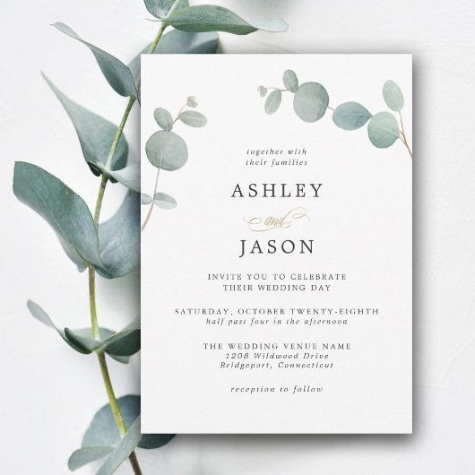 Eenvoudige elegante groen Eucalyptus laat bruiloft Kaart
