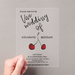 Eenvoudige elegante handgetekende whimsy rode kers acryl uitnodigingen