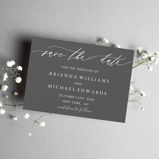 Eenvoudige Elegante Kalligrafie Grijze Bruiloft Save The Date
