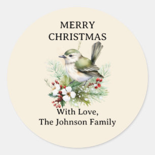 Eenvoudige Elegante Kerst Bloemen Vogel Ronde Sticker