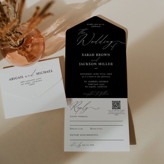 Eenvoudige elegante moderne script QR code bruilof All In One Uitnodiging