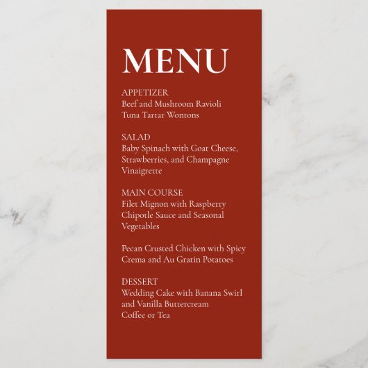 Eenvoudige Elegante Moderne Trouwmenu Rood Menu (Voorkant)