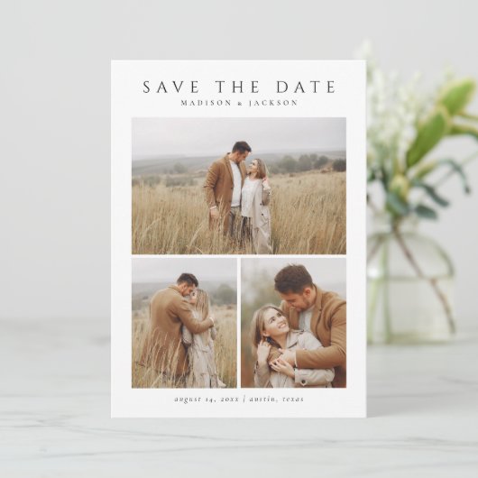 Eenvoudige elegante moderne vier foto save the date (Staand voorkant)