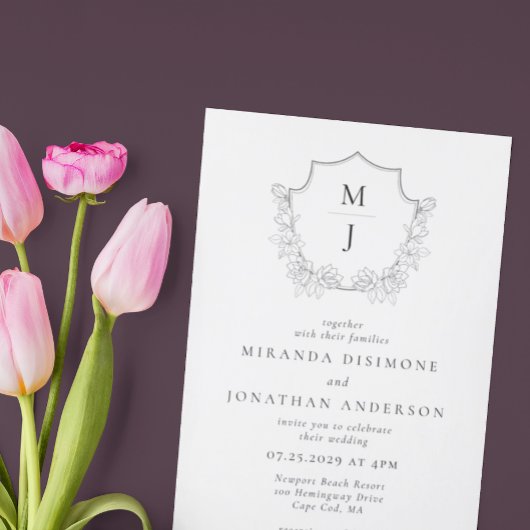 Eenvoudige Elegante Monogram Crest Bruiloft Kaart