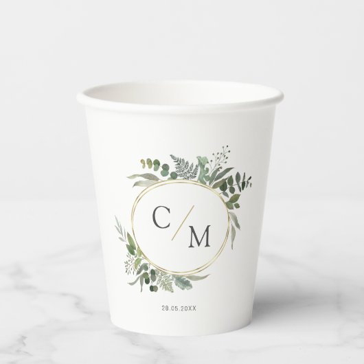 Eenvoudige elegante monogram eucalyptus papieren bekers (Voorkant)