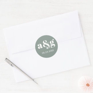 Eenvoudige, elegante monogram grijze bruiloft ronde sticker