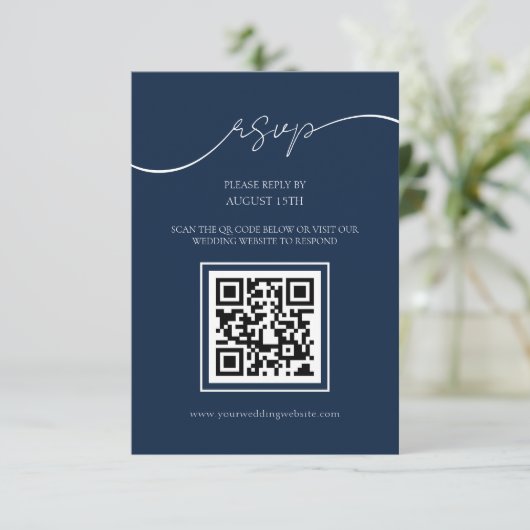 Eenvoudige Elegante Navy Blue QR Code Bruiloft RSV Informatiekaartje (Staand voorkant)