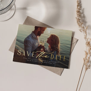Eenvoudige elegante one-foto moderne save-the-date folie uitnodiging
