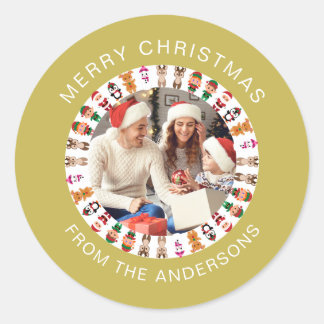 Eenvoudige Elegante Ronde Kerstfoto Familienaam Sticker