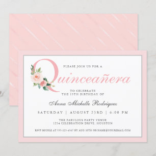Eenvoudige elegante roze bloemige quinceanera verj kaart