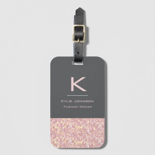 Eenvoudige elegante Roze Glitter Schattigee Monogr Bagagelabel (Voorkant (verticaal))
