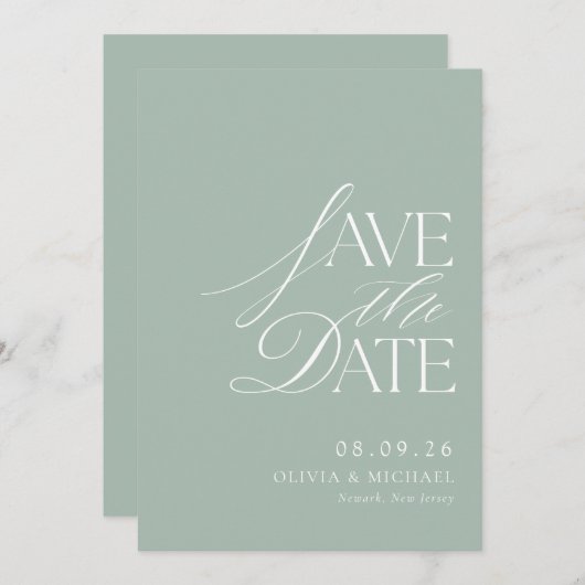 Eenvoudige elegante Sage Green Chic bruiloft Save The Date (Voorkant / Achterkant)