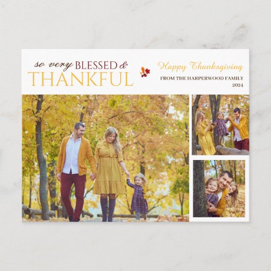 Eenvoudige Elegante Script Thanksgiving familie 3 Feestdagenkaart (Voorkant)