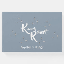 Eenvoudige Elegante Stoffige Blauwe en Witte Bruil Gastenboek