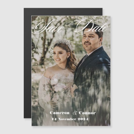 Eenvoudige elegante tekst en foto | Weddenschap Magnetische Uitnodiging (Voorkant / Achterkant)