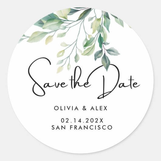 Eenvoudige Elegante Tekst En Groen | Save The Date Ronde Sticker (Voorkant)