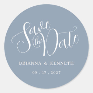 Eenvoudige Elegante Typografie Dusty Blue Save the Ronde Sticker