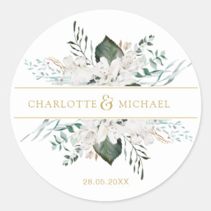 Eenvoudige, elegante witte bloemen bruiloft ronde sticker