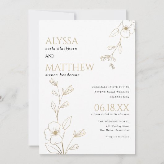 Eenvoudige elegante witte en gouden bloemenbruilof kaart (Voorkant)
