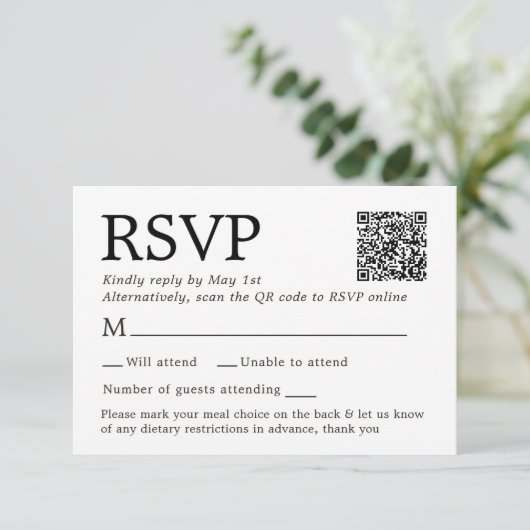 Eenvoudige Elegante Witte RSVP Kaart Met Menu Keuz (Staand voorkant)