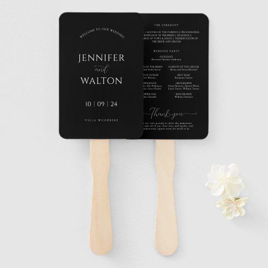 Eenvoudige Elegante zwarte en witte bruiloft Handwaaier (Voorkant en achterkant)