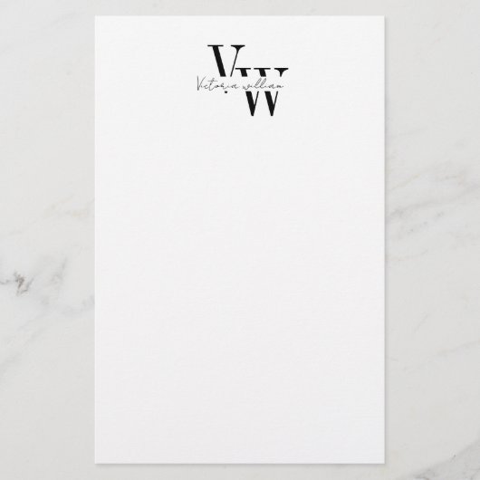 Eenvoudige Elegante Zwarte en Witte Initialen Briefpapier (Voorkant)