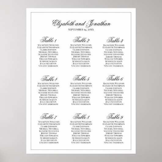 Eenvoudige Elegantie 9 Tafel Bruiloft Zittinggrafi Poster (Voorkant)