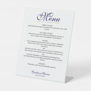 Eenvoudige Elegantie Marine Blauw & Wit Trouwmenu Reclamebord Met Voetstuk