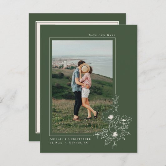 Eenvoudige Emerald Anemone Art Floral Save the Dat Aankondigingskaart (Voorkant / Achterkant)