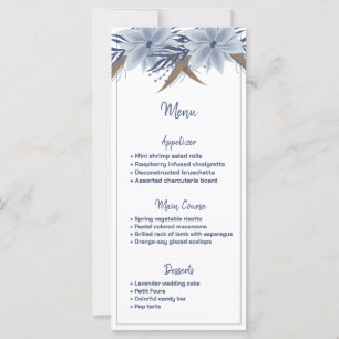 Eenvoudige en elegante blauwe bloem trouwmenu